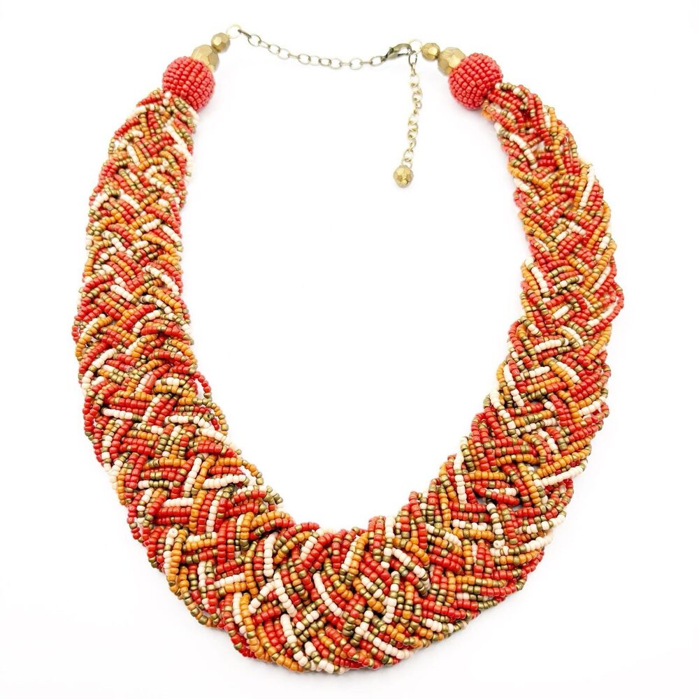 Beaded Braided Bib Rope Necklace Orange And Gold Bohemian Fashion Artisanal 18”